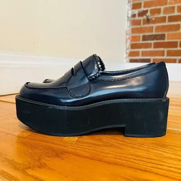 Jil Sander Navy Blue Leather Platform Shoes Eur 38.5 US 8 Chunky Loafers - Picture 8 of 15